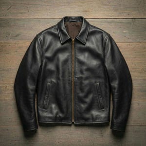 May include: A black leather jacket with a collared neckline and a full-length zip. The jacket features two front pockets and a brown interior lining. The jacket is displayed on a wooden surface.