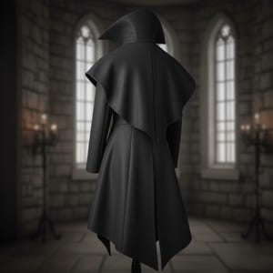 以下が含まれることがあります： ドラマチックな尖ったフードとケープのような肩を持つ、長い黒いコート。 コートはフレアスカートで、マネキンに展示されています。 背景にはアーチ型の窓と石壁があります。