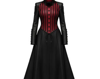 Women’s Gothic Leather Trench Coat – Steampunk Vampire Jacket – Victorian Long Black Coat – Cosplay Renaissance Overcoat – Red Corset Style