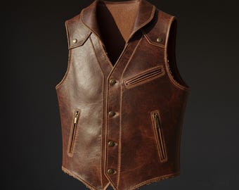 Vintage Brown Leather Biker Vest for Men, Distressed Motorcycle Waistcoat, Handmade Cowhide Western Vest, Retro Waxed Leather Gift, Classic