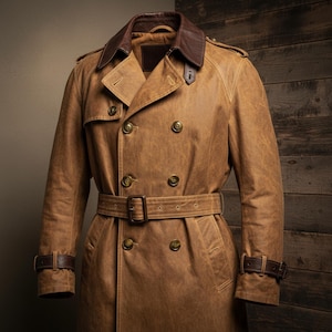 Könnte beinhalten: Ein brauner Ledertrenchcoat mit doppelreihigem Design. Der Mantel hat einen kontrastierenden dunkelbraunen Lederkragen und Manschetten, einen Gürtel mit Schnalle und goldfarbene Knöpfe. Der Mantel wird vor einem Holzgrund gezeigt.