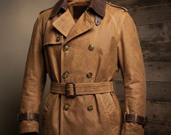 Handmade Distressed Cowhide Leather Trench Coat | Mens Steampunk Overcoat