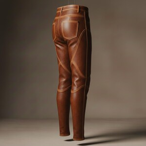 K&ouml;nnte beinhalten: Braune Lederhose mit dekorativen N&auml;hten und klassischem F&uuml;nf-Taschen-Design. Die Hose hat eine ma&szlig;geschneiderte Passform und ist in der Luft aufgeh&auml;ngt, um die Details des Kleidungsst&uuml;cks zu zeigen. Die Hose hat eine warme, braune Farbe.