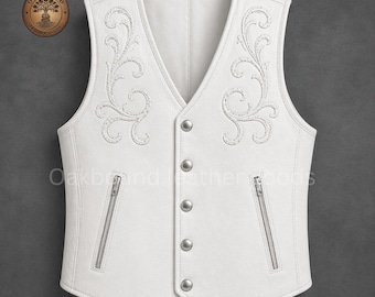 White Cowhide Leather Vest Men Minimalist Biker Vest Genuine Leather Waistcoat Motorcycle Western Style Snap Button Vest