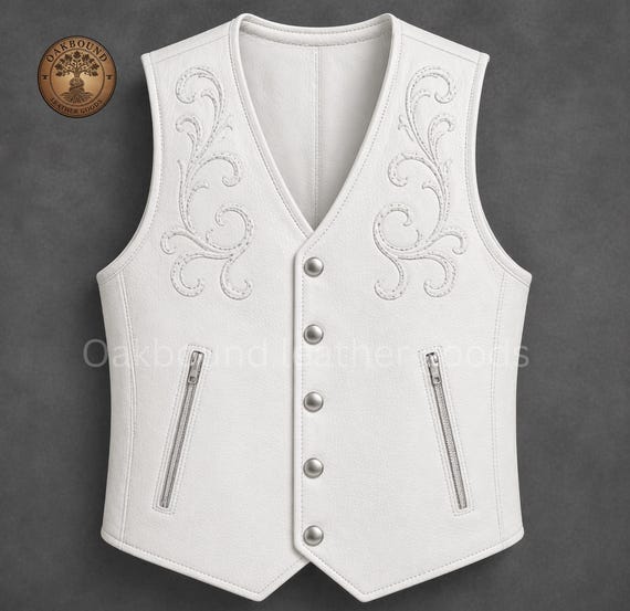 White Cowhide Leather Vest Men Minimalist Biker Vest Genuine Leather Waistcoat Motorcycle Western Style Snap Button Vest