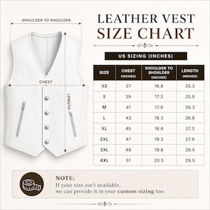 May include: A white leather vest with a size chart. The chart shows chest, shoulder to shoulder, and length measurements in inches for sizes XS to 4XL. The vest has a V-neck, two zippered pockets, and button closures.