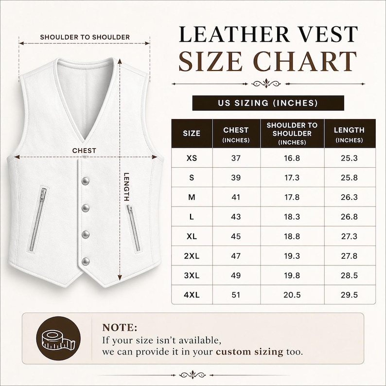 May include: A white leather vest with a size chart. The chart shows chest, shoulder to shoulder, and length measurements in inches for sizes XS to 4XL. The vest has a V-neck, two zippered pockets, and button closures.