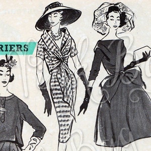 Vintage französische Haute Couture 1958 Ephemera - Modeillustration digitale druckbare, alte Zeitschriften