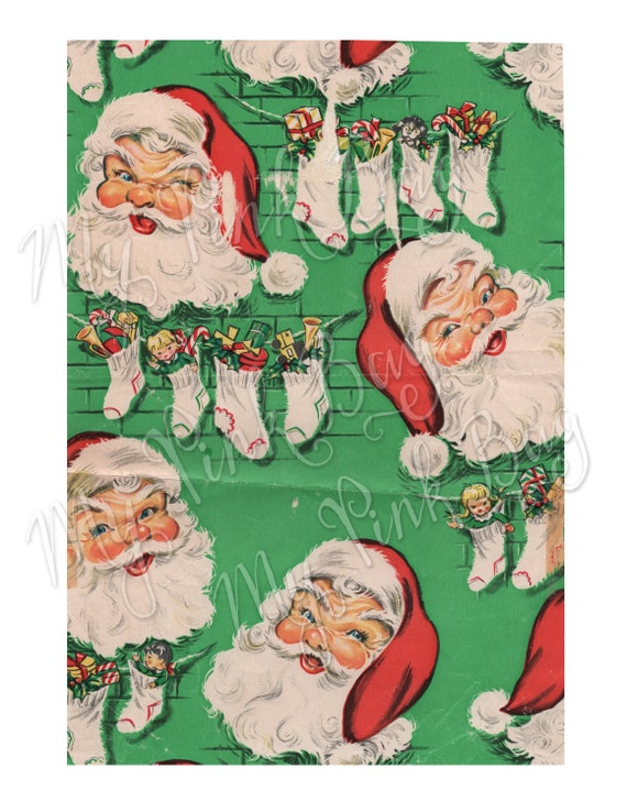 Vintage 1950s Christmas Wrapping Paper Gift Wrap Santa With Children [A}