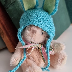 Super Cute Miniature OOAK artist Teddy Bear with Crocheted Bunny Ears-Collectible Jointed Teddy Bear