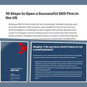 May include: Image of a guide titled "10 Steps to Open a Successful SEO Firm in the US." The cover features a red arrow design. The guide's content includes advice on starting a business, including self-starting, mental toughness, and financial survival.
