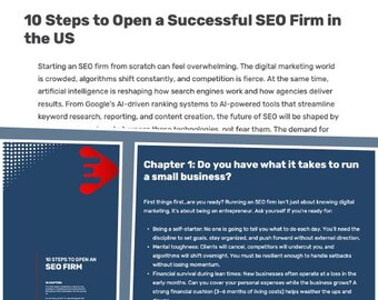 May include: Image of a guide titled "10 Steps to Open a Successful SEO Firm in the US." The cover features a red arrow design. The guide's content includes advice on starting a business, including self-starting, mental toughness, and financial survival.