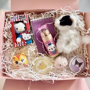 May include: A pink gift box filled with white paper shred containing a Hello Kitty micro beanie, a purple spiral notebook, a wooden tube of colored pencils, a white plush toy, a yellow hamster figure, and three small round containers with character art.