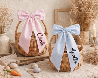 Custom Name Striped for Easter Baskets, Personalized Seersucker Easter Basket Bow, Baby First Easter Basket Accessory, Spring Gift for Kids
