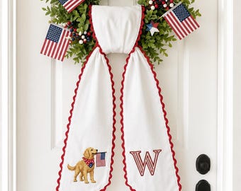 Patriotic Wreath Sash for Front Door, Personalized 4th of July Wreath Ribbon, Golden Retriever USA Flag Decor with Initial