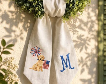 Banda personalizada con diseño de corona patriótica de Golden Retriever, cinta bordada con perro y bandera estadounidense para colgar en la puerta, decoración para el 4 de julio.