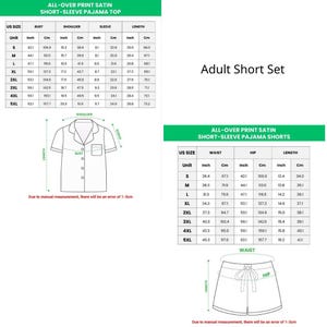 Puede incluir: Tablas de tallas detalladas para un conjunto corto de adulto, que incluye una camiseta de pijama de manga corta y pantalones cortos. Las medidas se proporcionan en pulgadas y cent&iacute;metros para el busto, el hombro, la manga, la cintura, la cadera y la longitud, de la S a la 5XL.