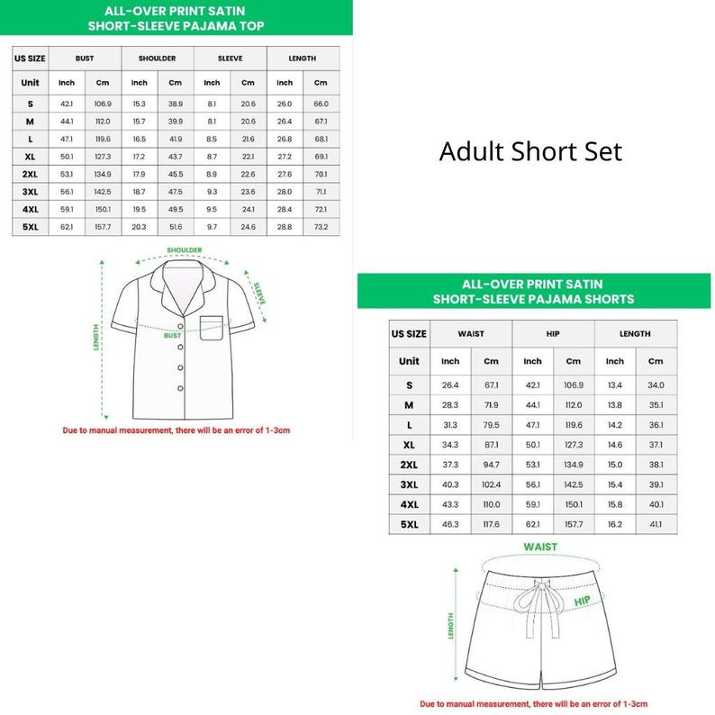 Puede incluir: Tablas de tallas detalladas para un conjunto corto de adulto, que incluye una camiseta de pijama de manga corta y pantalones cortos. Las medidas se proporcionan en pulgadas y cent&iacute;metros para el busto, el hombro, la manga, la cintura, la cadera y la longitud, de la S a la 5XL.