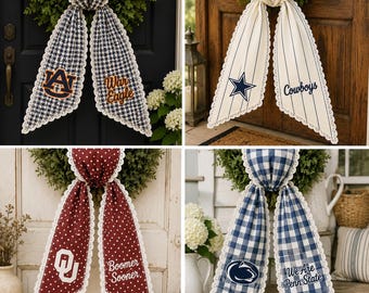 Custom College Wreath Sash, Personalized Football Team Door Bow, Embroidered Game Day Wreath Decor, School Spirit Gift, Tailgate Decor