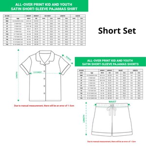 May include: Diagram of a short set of satin pajamas for kids and youth, including a short-sleeve shirt and shorts. The image includes size charts with measurements in inches and centimeters for height, weight, chest, waist, and length.