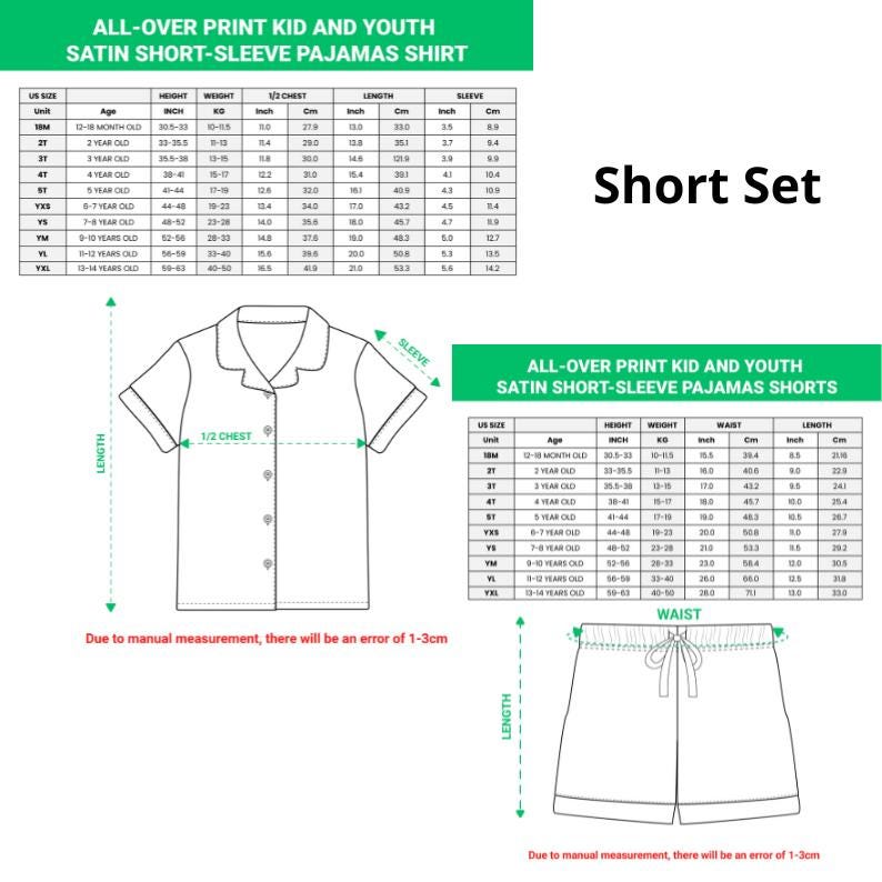 May include: Diagram of a short set of satin pajamas for kids and youth, including a short-sleeve shirt and shorts. The image includes size charts with measurements in inches and centimeters for height, weight, chest, waist, and length.