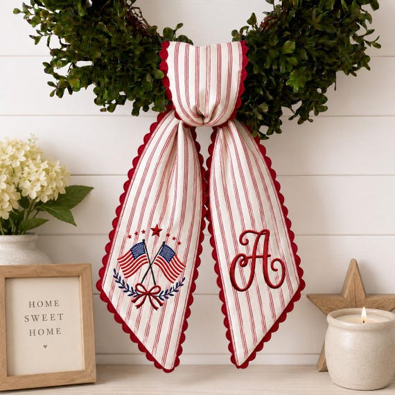 Personalized Patriotic Wreath Sash, Embroidered Monogram Door Bow, American Flag Front Door Decor, 4th of July Wreath Sash