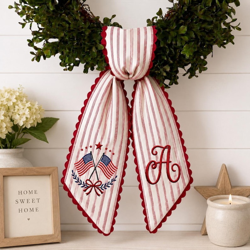 Personalized Patriotic Wreath Sash, Embroidered Monogram Door Bow, American Flag Front Door Decor, 4th of July Wreath Sash imagen 1