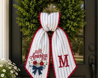 Patriotic Wreath Sash for Front Door, America 1776 Embroidered Bow, Personalized Monogram Door Decor July 4th Porch Bow