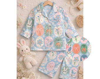 Pijama de satén de Pascua para niñas, con estampado de conejito, de seda azul pastel, bonito conjunto floral de Pascua.
