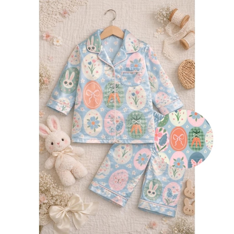 May include: Light blue Easter-themed pajama set with an egg pattern featuring bunnies, flowers, and bows. The set includes a button-down top and matching pants. A plush bunny and decorative elements complete the scene.