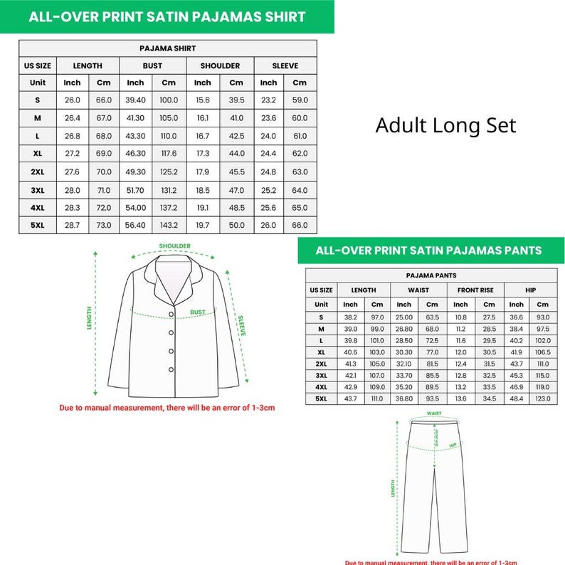 Puede incluir: Diagrama de un conjunto largo de pijama de sat&eacute;n para adultos. La camisa tiene medidas en pulgadas y cent&iacute;metros para largo, busto, hombro y manga. Los pantalones tienen medidas de largo, cintura, tiro y cadera.