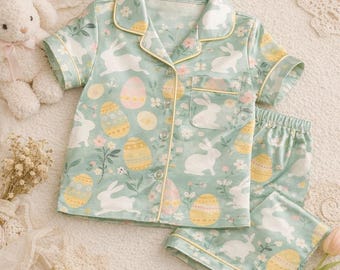 Kids Easter Satin Pajama Set, Bunny Egg Print Short Sleeve Spring Sleepwear, Pastel Green Silk PJs for Boys and Girls