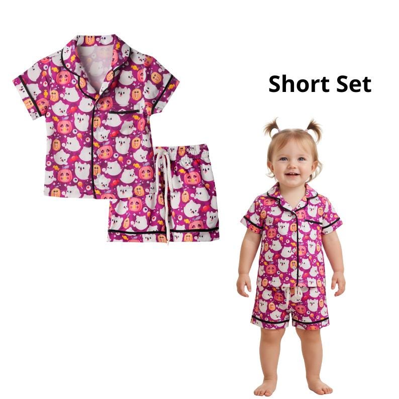 May include: A purple short set with a white ghost and orange pumpkin pattern. The set includes a button-up shirt with black trim and matching shorts with a drawstring. The words "Short Set" are in black text.