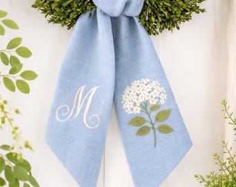 Personalized Hydrangea Wreath Sash, Embroidered Monogram Door Sash, Custom Front Door Wreath Bow, Spring Summer Door Decor