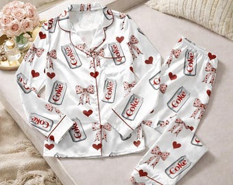 Diet Coke Satin Pajama Set for Women, Cute Red Bow Heart Print Sleepwear, Long Sleeve Loungewear Gift, Soft Button Up Nightwear