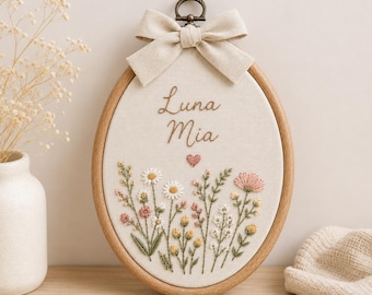 Personalized Floral Baby Name Sign, Embroidered Nursery Wall Art, Custom Oval Name Hoop, Wildflower Baby Room Decor Gift