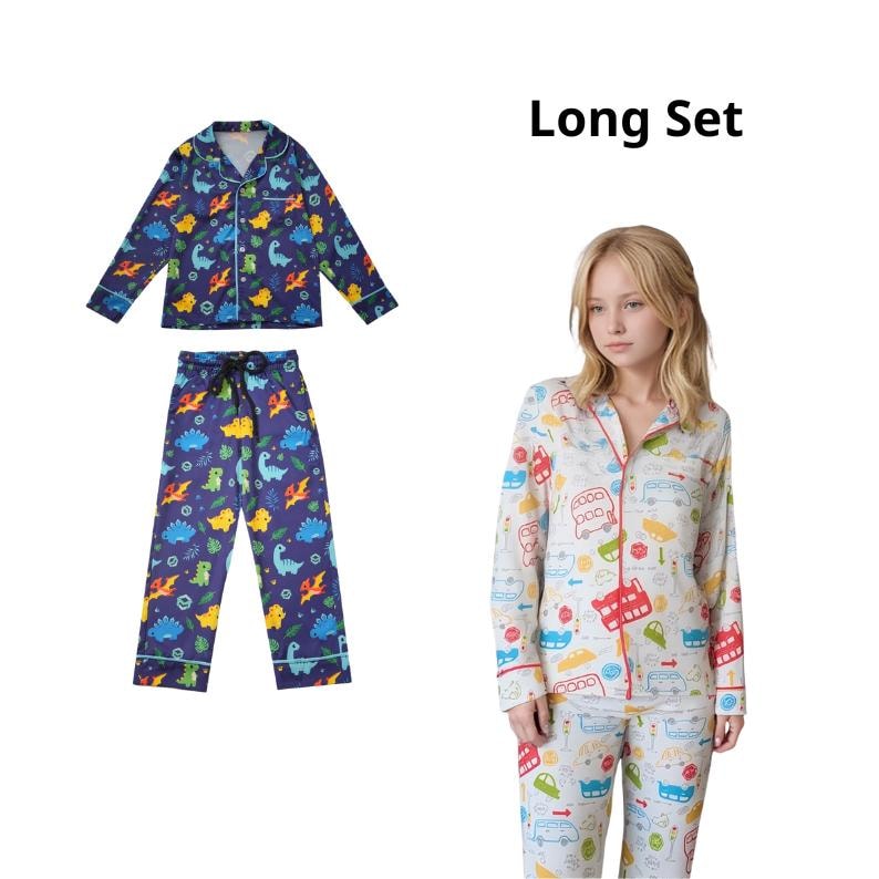 May include: Two sets of long pajamas. One set is navy blue with a dinosaur pattern. The other set is white with a colorful car pattern. The text "Long Set" is in the upper right corner.