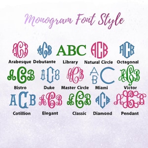K&ouml;nnte beinhalten: Grafik mit verschiedenen Monogramm-Schriftarten. Das Bild zeigt 12 verschiedene Monogramm-Designs, jedes mit drei Buchstaben und einer einzigartigen Schriftart. Die Schriftarten umfassen Arabesque, Debutante, Library, Natural Circle, Octagonal, Bistro, Duke, Master Circle, Miami, Victor, Cotillion, Elegant, Classic, Diamond und Pendant.