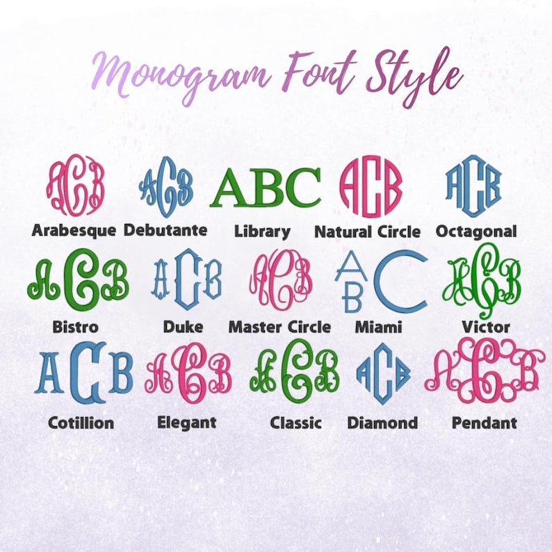 K&ouml;nnte beinhalten: Grafik mit verschiedenen Monogramm-Schriftarten. Das Bild zeigt 12 verschiedene Monogramm-Designs, jedes mit drei Buchstaben und einer einzigartigen Schriftart. Die Schriftarten umfassen Arabesque, Debutante, Library, Natural Circle, Octagonal, Bistro, Duke, Master Circle, Miami, Victor, Cotillion, Elegant, Classic, Diamond und Pendant.