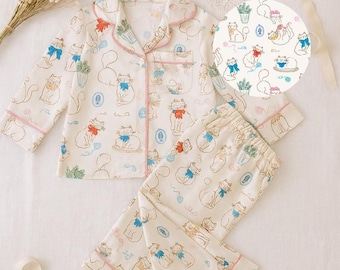 Kids Satin Pajama Set with Cute Cat Print, Long or Short Sleeve Options, Soft Silky Sleepwear for Girls, Kawaii Kitten Nightwear