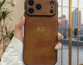 Personalized iPhone 17 Pro Max Case with Initials | Classic Genuine-Look Leather Texture | Custom Monogram Luxury Phone Cover Gift for Him
