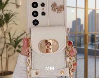 Funda tipo cartera bandolera personalizada para Samsung Galaxy S26 Ultra S25 / A55 A56 – Funda de lujo con tarjetero e iniciales personalizadas