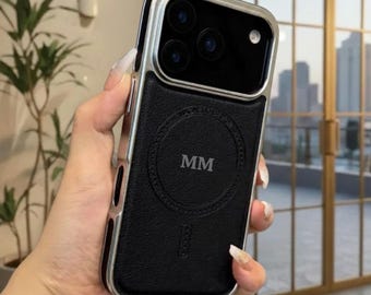 Funda de cuero personalizada para iPhone 17, 16 y 15 Pro Max, carcasa magnética MagSafe de lujo con marco chapado, funda para teléfono de negocios a prueba de golpes