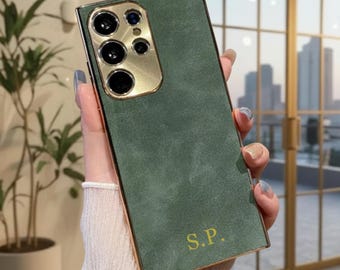 Funda de lujo personalizada para Samsung con marco dorado / Funda de piel suave con iniciales personalizadas para S25, S25 Ultra, S24, S23 / Elegante regalo para móvil