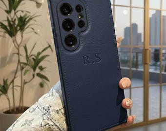 Funda de cuero personalizada con iniciales para Samsung Galaxy S25, S24 y S23. Funda protectora fina de lujo, regalo para él y para ella.