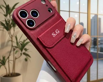 Custom Initials Leather iPhone Card Holder Case | Wallet Phone Case for iPhone 14–17 Pro Max | Personalized Cover with Pocket | Gift for Her