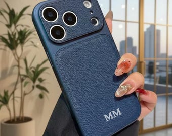 Funda de cuero personalizada para iPhone con iniciales / Funda de lujo para iPhone 14-17 Pro Max / Funda con monograma personalizada para regalo para ella y para él