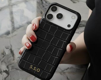 Funda personalizada de piel de cocodrilo para iPhone: funda de lujo con iniciales personalizadas, funda protectora de piel sintética premium para ella y para él.
