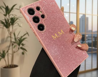 Funda personalizada con purpurina para Samsung S25 con iniciales doradas / Funda de lujo brillante para S24 Ultra y S23 Ultra / Funda para teléfono con nombre personalizado