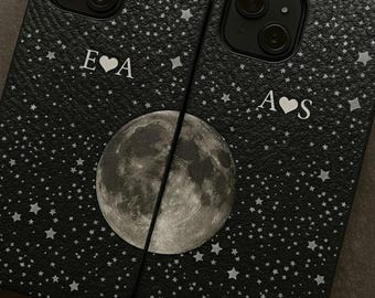 Fundas para iPhone con diseño de luna a juego: paquete de 2 personalizadas para parejas y mejores amigos / Fundas de cuero negras con iniciales personalizadas y estrellas